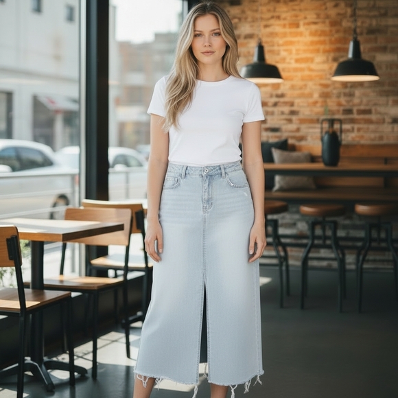 OAT NY Light Wash Denim Pencil Skirt EUC $98 Retail - Picture 2 of 10
